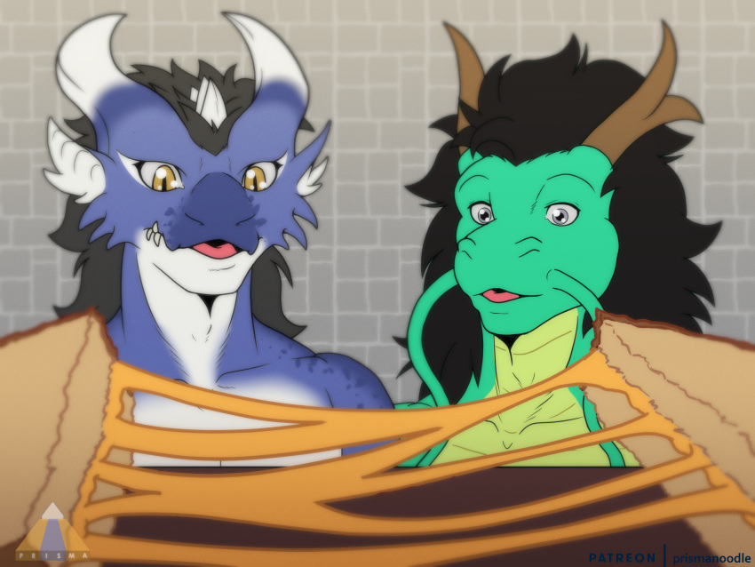 2022 anthro asian_mythology blue_body blue_scales digital_media_(artwork) dragon duo east_asian_mythology eastern_dragon food fur grilled_cheese hi_res horn male mythology open_mouth prismanoodle_(artist) rykin sandwich_(food) scales scalie simple_background western_dragon