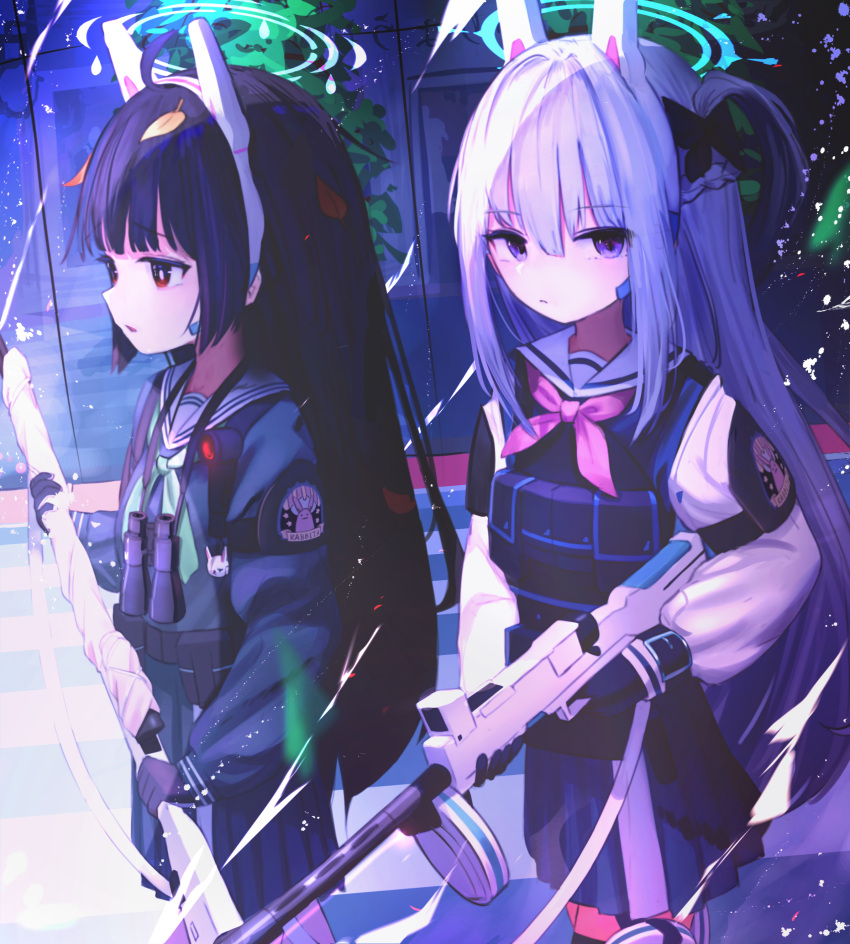 2girls absurdres animal_ear_headphones binoculars blue_archive blue_serafuku bulletproof_vest green_neckerchief gun halo highres holding holding_gun holding_weapon illuminae leaf leaf_on_head miyako_(blue_archive) miyu_(blue_archive) multiple_girls neckerchief pink_neckerchief plate_carrier rifle school_uniform serafuku sniper_rifle submachine_gun suomi_kp/-31 tactical_clothes weapon