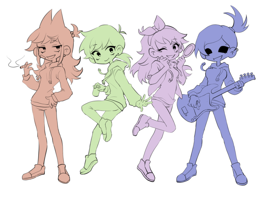 4girls animification bass_guitar breasts can chinese_commentary commentary_request drink drink_can eddsworld ell_(eddsworld) full_body grin hair_bobbles hair_ears hair_ornament hairband highres holding holding_bass_guitar holding_can holding_drink holding_instrument holding_mirror hood hood_down hoodie instrument jacket jitome kafei146 long_hair long_sleeves looking_at_viewer matilda_(eddsworld) medium_breasts mirror multiple_girls multiple_monochrome one_eye_closed open_clothes open_jacket pants ponytail shoes sidelocks simple_background small_breasts smile smoking sneakers standing tamara_(eddsworld) topknot tori_(eddsworld) white_background