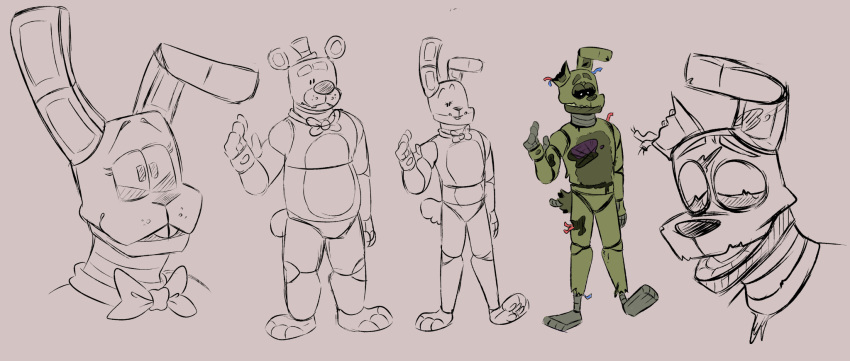 2020 animatronic anthro before_and_after black_nose bow_tie buckteeth closed_smile clothing colored colored_sketch digital_drawing_(artwork) digital_media_(artwork) duo exposed_endoskeleton eyelashes five_nights_at_freddy's five_nights_at_freddy's_3 five_nights_at_freddy's_4 floppy_ears fredbear_(fnaf) fur girly green_body green_fur happy hat headgear headshot headwear hi_res lagomorph leporid looking_up machine male mammal model_sheet mostly_nude multicolored_body multicolored_fur open_mouth organs rabbit robot scottgames scut_tail short_tail sketch skkortysoup smile spring_bonnie_(fnaf) springtrap_(fnaf) teeth top_hat two_tone_body two_tone_fur ursid video_games wire