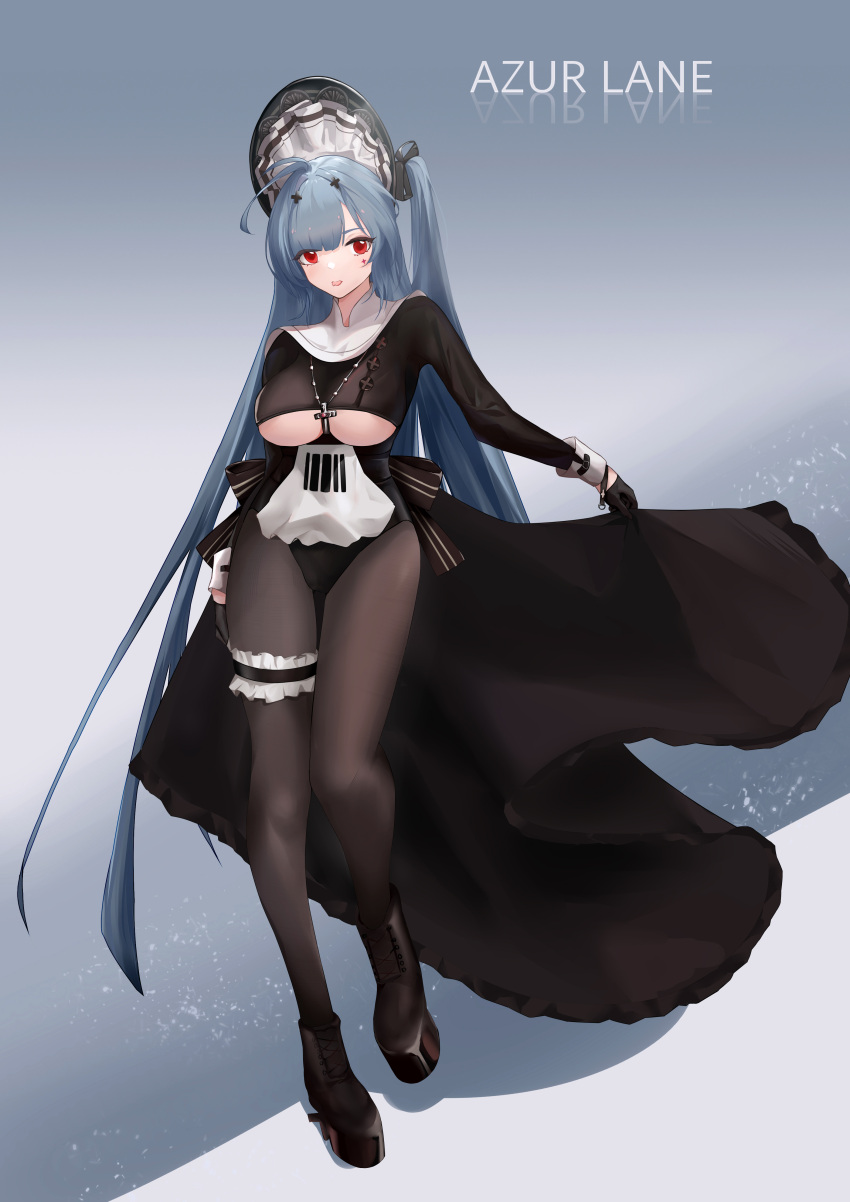 1girl absurdres azur_lane black_dress black_gloves black_legwear blue_hair breasts clothing_cutout copyright_name cross_hair_ornament dress frilled_straps full_body gloves grey_background hair_ornament highres large_breasts long_hair looking_at_viewer marco_polo_(azur_lane) marco_polo_(the_queen_of_hearts)_(azur_lane) official_alternate_costume pantyhose platform_boots red_eyes risona showgirl_skirt simple_background thigh_strap underboob underboob_cutout very_long_hair