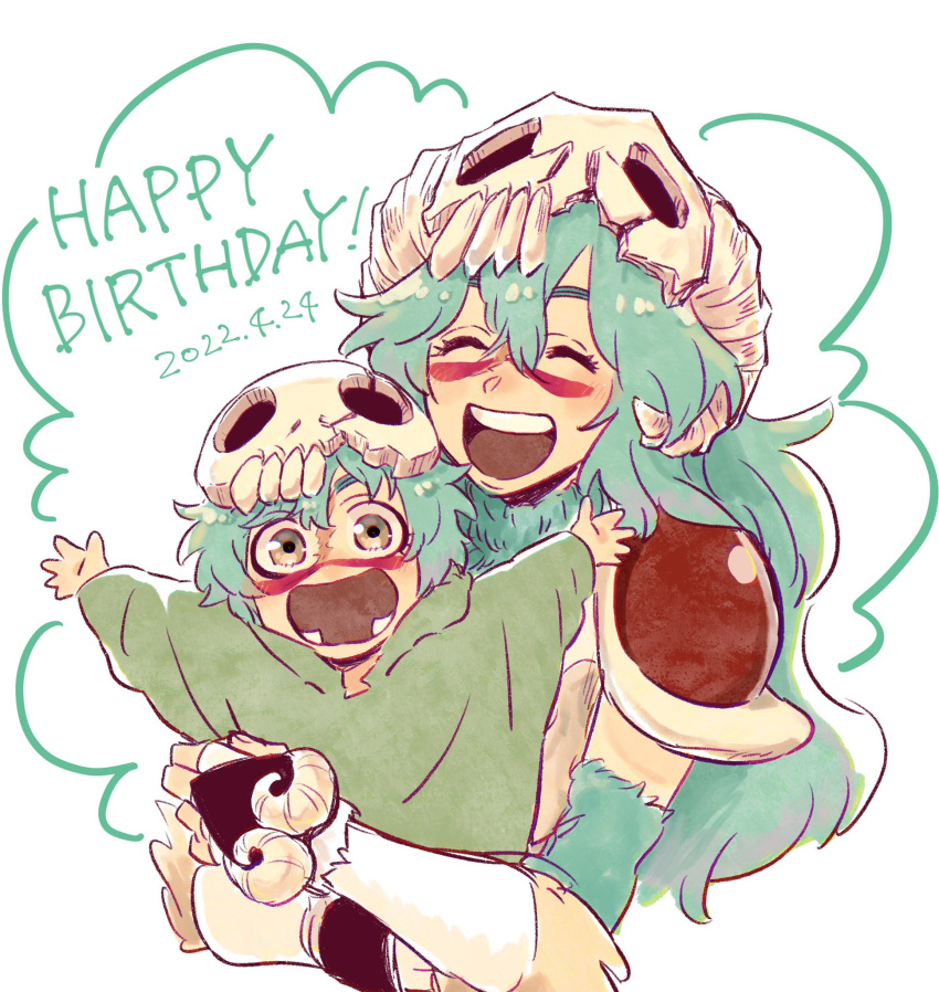 aqua_hair arrancar bleach blush brown_eyes choko_egg cloak dated dual_persona facial_mark green_cloak happy happy_birthday highres holding holding_person long_hair looking_at_viewer lower_teeth nelliel_tu_odelschwanck open_mouth short_hair teeth time_paradox tooth_gap upper_teeth