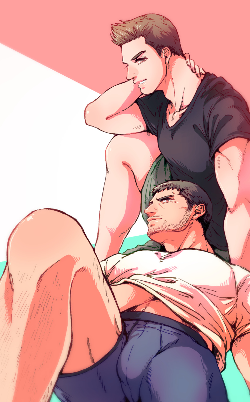 2boys bara black_hair black_shirt blue_male_underwear boxer_briefs brown_hair chris_redfield closed_mouth facial_hair green_male_underwear hand_under_clothes hand_under_shirt highres komatta_(jammochi) large_pectorals lying male_focus male_underwear multiple_boys muscular muscular_male on_back pectorals piers_nivans resident_evil resident_evil_6 shirt short_hair sitting smile teeth underwear white_shirt