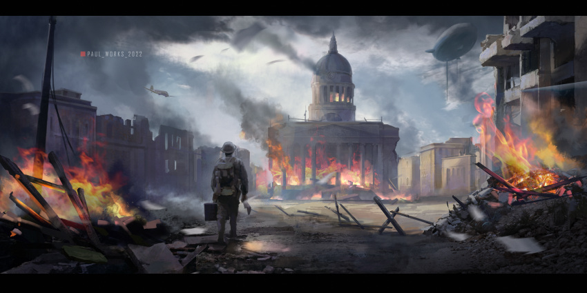 absurdres aircraft airplane artist_name battle dirigible dome fire grey_sky gun helmet highres lonesome_street original pillar rifle ruins scenery smoke soldier trench war weapon