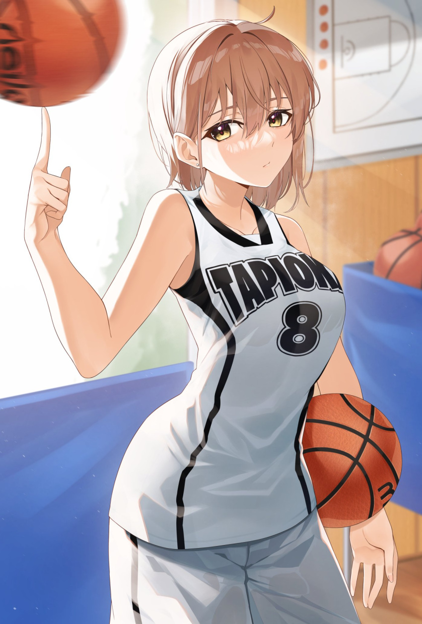 1girl balancing balancing_ball ball basketball basketball_jersey basketball_uniform breasts brown_hair clothes_writing commentary_request doorway gym_storeroom hair_between_eyes highres holding holding_ball looking_at_viewer medium_hair original shirt shorts sleeveless solo spinning sportswear sunlight tapioka_(oekakitapioka) white_shirt white_shorts