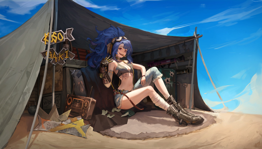 1girl absurdres blue_hair boots breasts cigar cleavage denim dynamite gauntlets highres jeans long_hair looking_at_viewer metal_boots on_ground open_mouth original pants radio red_eyes sitting small_breasts smoking torn_clothes torn_jeans torn_pants weapon wellsy