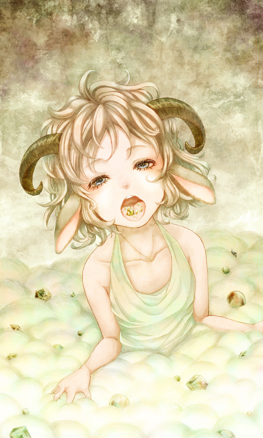 1girl absurdres androgynous animal_ears bare_shoulders blue_eyes brown_hair collarbone commentary_request curled_horns eyebrows_visible_through_hair grey_background highres horns looking_at_viewer nina_(maurururoa) open_mouth original shards short_hair solo stone tank_top teeth tongue tongue_out upper_body upper_teeth white_tank_top wool