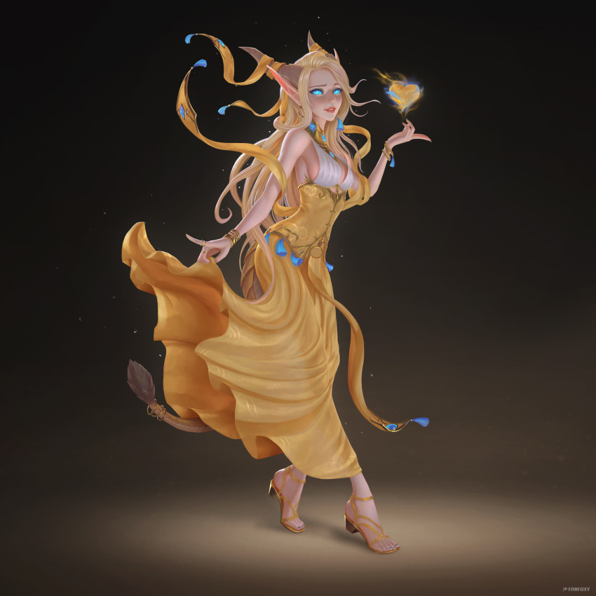 1girl blonde_hair breasts dragon dragon_girl dragon_horns dress fanfoxy heart high_elf high_heels highres horns long_hair looking_at_viewer looking_to_the_side magic medium_breasts pointy_ears red_lips solo solo_focus tail warcraft world_of_warcraft yellow_dress