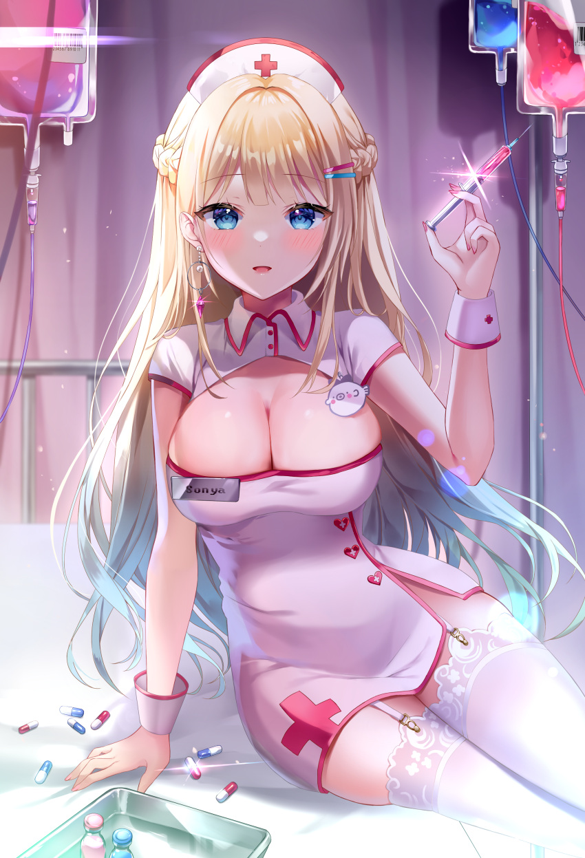 1girl absurdres banned_artist blue_eyes breasts cleavage collared_dress commission dress garter_straps hat highres holding large_breasts long_hair looking_at_viewer mayo_(miyusa) nurse nurse_cap open_mouth original second-party_source short_dress short_sleeves sitting solo syringe thighhighs very_long_hair white_dress white_hair white_legwear wrist_cuffs yokozuwari zettai_ryouiki