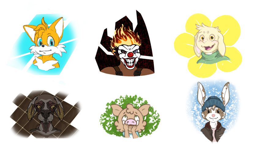 animal_humanoid asriel_dreemurr beanie blue_eyes boc_the_seamster bomber_jacket bovid bovid_humanoid caesar_grunt canid canid_humanoid canine canine_humanoid caprine caprine_humanoid clothing clown demi-human_(elden_ring) elden_ring fire fox_humanoid fromsoftware goat_humanoid green_eyes group hat headgear headshot_portrait headwear hi_res human humanoid lagomorph lagomorph_humanoid leporid_humanoid mammal mammal_humanoid mask miles_prower needles_kane portrait rabbit_humanoid red_eyes rittz_(somesoup) scared sega simple_background smile somesoup sonic_the_hedgehog_(series) straps suid suina sus_(pig) tuft turtleneck tusks undertale undertale_(series) video_games wild_boar yellow_eyes