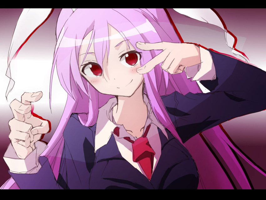 animal_ears bangs black_jacket blazer breasts closed_mouth collarbone collared_shirt commentary_request fingernails happy head_tilt highres jacket long_hair long_sleeves looking_at_viewer medium_breasts moon_rabbit necktie purple_hair rabbit_ears rabbit_girl red_eyes red_necktie reisen_udongein_inaba s_mika2000 shirt smile touhou v very_long_hair white_shirt