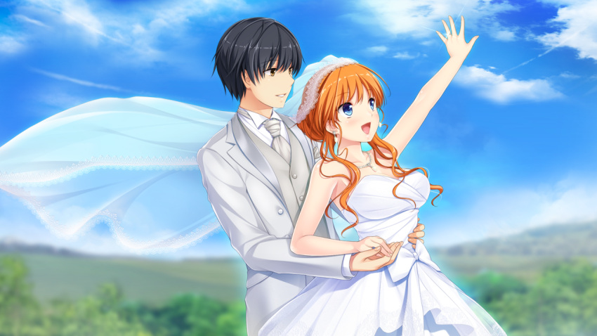 1boy 1girl akino_subaru aoi_hinata_(gin'iro_haruka) arm_up black_hair blue_eyes blue_sky blurry blurry_background bow breasts bridal_veil brown_eyes cleavage cloud collarbone collared_shirt day dress game_cg gin'iro_haruka grey_jacket grey_necktie grey_vest hair_over_shoulder hand_on_another's_hip holding_hands husband_and_wife jacket jewelry large_breasts long_hair looking_at_another looking_up necklace necktie niimi_yukito open_clothes open_jacket orange_hair outdoors outstretched_arm ring shiny shiny_hair shirt short_hair sidelocks sky sleeveless sparkle strapless strapless_dress veil vest wedding_ring white_bow white_dress white_shirt wing_collar