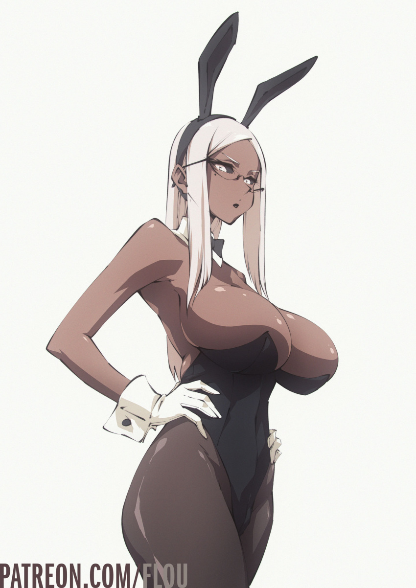 1girl animal_ears armpit_crease bare_shoulders black_bow black_bowtie black_hairband black_legwear black_leotard black_lips black_sclera bow bowtie breasts colored_sclera contrapposto cowboy_shot dark-skinned_female dark_skin detached_collar english_commentary fake_animal_ears flou glasses gloves hairband hands_on_hips highleg highleg_leotard highres huge_breasts leotard lipstick long_hair looking_at_viewer makeup mole mole_under_eye original pantyhose playboy_bunny rabbit_ears rimless_eyewear simple_background solo stella_(flou) straight_hair strapless strapless_leotard traditional_bowtie very_dark_skin white_background white_eyes white_gloves white_hair wing_collar wrist_cuffs