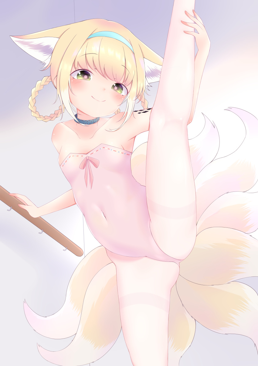 1girl absurdres animal_ear_fluff animal_ears arknights ass athletic_leotard ballerina ballet bare_shoulders barre blonde_hair blush braid breasts choker dandandandanzi flexible fox_ears fox_girl fox_tail green_eyes hair_rings hairband highres kneepits leg_hold leg_lift leg_up legs leotard long_hair multiple_tails pantyhose pink_leotard small_breasts smile solo split standing standing_on_one_leg standing_split strapless strapless_leotard suzuran_(arknights) tail thighband_pantyhose thighs twin_braids white_legwear