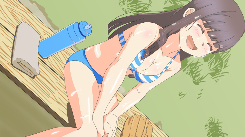 1girl bangs baseball_mitt bench bikini bottle breasts brown_hair character_request cinderella_series cleavage closed_eyes collared_shirt eyebrows_visible_through_hair grass hachigatsu_no_cinderella_nine hands_on_lap highres on_bench open_mouth outdoors princess_lover ribbon risosf shiny shiny_skin shirt short_sleeves sitting skirt smile sportswear striped striped_bikini sweat swimsuit thighs towel uniform water_bottle wet wet_hair wooden_bench