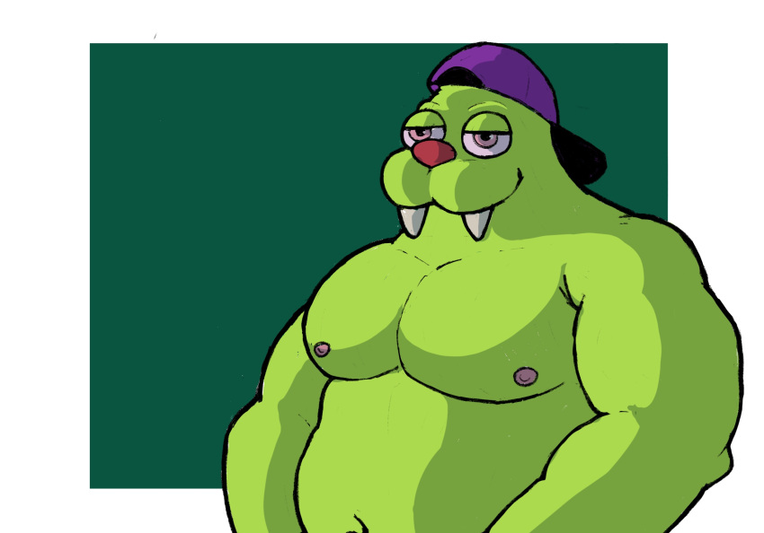 anthro bugsnax chandlo_funkbun clothing fur green_body green_fur grumpus hat headgear headwear hi_res male marvofun musclegut muscular muscular_male nipples overweight overweight_male pecs sharp_teeth short_stack simple_background solo teeth tusks young_horses