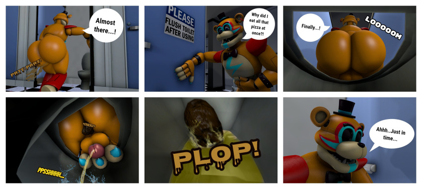 animatronic anthro balls bathroom big_butt blue_eyes blue_nails bodily_fluids brown_body butt claws clothing colored_nails comic dialogue ear_piercing ear_ring eyes_closed fangs fart fart_cloud fart_fetish feces five_nights_at_freddy's five_nights_at_freddy's:_security_breach genital_fluids genitals glamrock_freddy_(fnaf) hat headgear headwear hi_res joemike machine male mammal nails onomatopoeia peeing penis piercing pooping public_restroom robot scat scottgames solo sound_effects speech_bubble text toilet toilet_use top_hat urine ursid video_games watersports