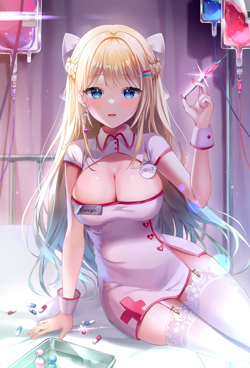 1girl absurdres banned_artist blue_eyes bow breasts cleavage collared_dress commission dress garter_straps hair_bow hat highres holding large_breasts long_hair looking_at_viewer mayo_(miyusa) nurse open_mouth original second-party_source short_dress short_sleeves sitting solo syringe thighhighs very_long_hair white_dress white_hair white_legwear wrist_cuffs yokozuwari zettai_ryouiki