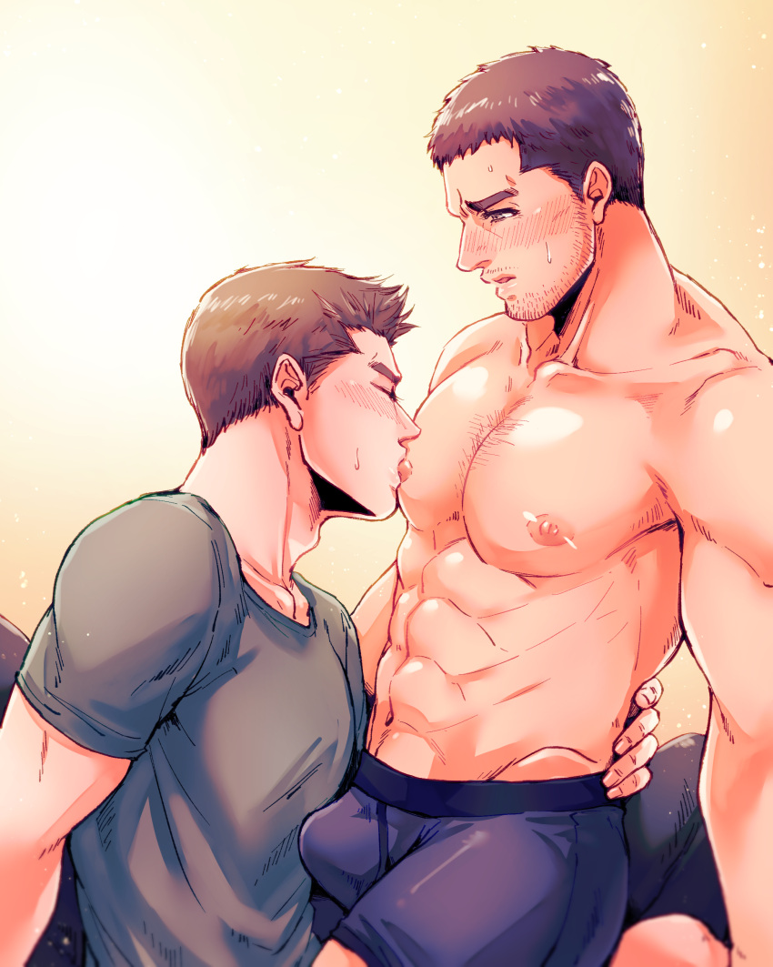 2boys abs absurdres bara black_hair black_male_underwear black_shirt boxer_briefs brown_hair bulge chest_hair chris_redfield closed_eyes couple erection erection_under_clothes facial_hair highres komatta_(jammochi) large_pectorals looking_at_another male_focus male_underwear multiple_boys muscular muscular_male navel nipples on_person pectorals piers_nivans resident_evil resident_evil_6 shirt short_hair sitting sitting_on_person sucking sucking_male_nipple underwear yaoi