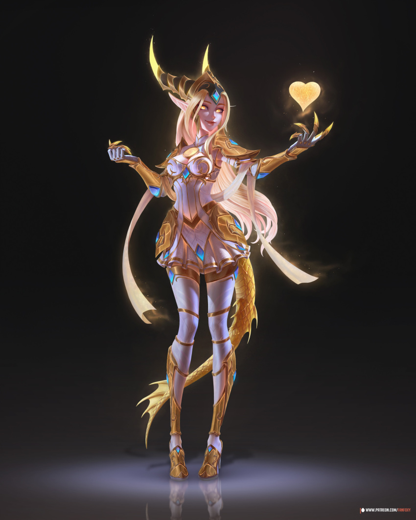 1girl armor armored_dress blonde_hair boots breasts claws cleavage dragon dragon_girl dragon_horns dragon_tail dress elf fanfoxy garter_straps gauntlets heart highres horns long_hair looking_at_viewer medium_breasts original pointy_ears red_lips tail thighhighs warcraft white_dress world_of_warcraft