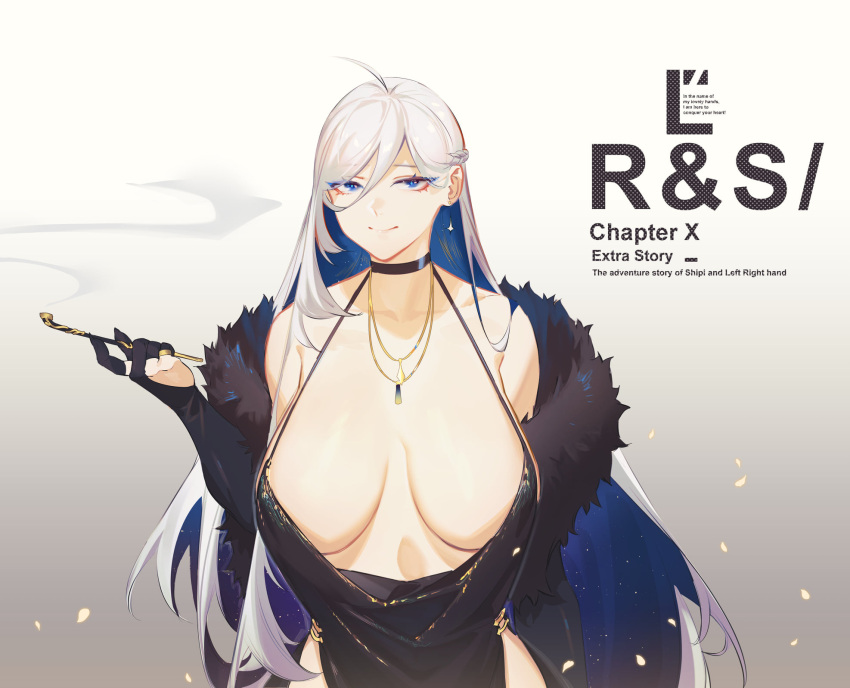 1girl ahoge bare_shoulders black_choker black_dress breasts choker cleavage dress evening_gown fur_collar highres jewelry large_breasts long_hair multicolored_hair necklace original smoking_pipe snakeping