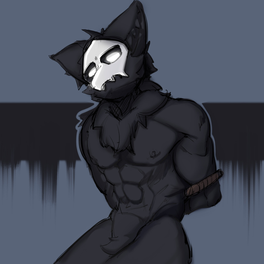 anthro black_body black_fur canid canine canis cephalopod changed_(video_game) cheesefries fluffy fur goo_creature hi_res looking_at_viewer male mammal marine mask mollusk muscular muscular_anthro muscular_male nipples pecs puro_(changed) simple_background video_games wolf