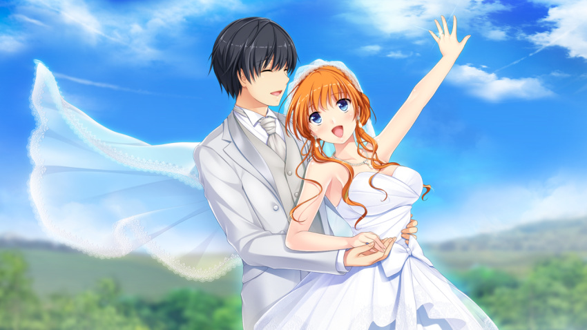 1boy 1girl :d akino_subaru aoi_hinata_(gin'iro_haruka) arm_up black_hair blue_eyes blue_sky blurry blurry_background bow breasts bridal_veil brown_eyes cleavage closed_eyes cloud collarbone collared_shirt day dress game_cg gin'iro_haruka grey_jacket grey_necktie grey_vest hair_over_shoulder hand_on_another's_hip holding_hands husband_and_wife jacket jewelry large_breasts long_hair looking_at_another necklace necktie niimi_yukito open_clothes open_jacket orange_hair outdoors outstretched_arm ring shiny shiny_hair shirt short_hair sidelocks sky sleeveless smile sparkle strapless strapless_dress veil vest wedding_ring white_bow white_dress white_shirt wing_collar
