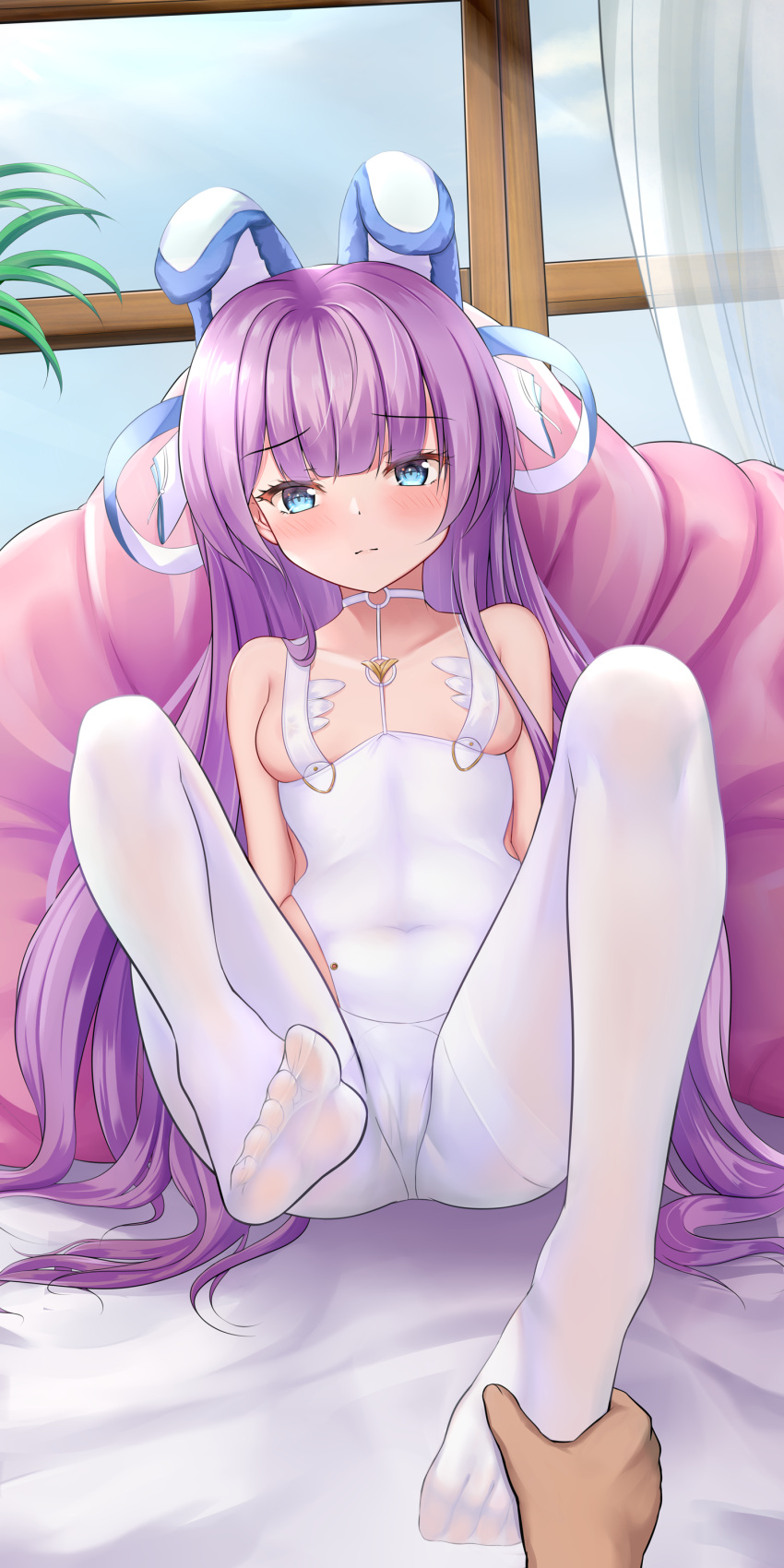 1girl 1other absurdres animal_ears ass azur_lane blue_eyes blush breasts cameltoe cosplay covered_navel crotchless crotchless_pantyhose fake_animal_ears feet foot_hold highres knees_up le_malin_(azur_lane) le_malin_(azur_lane)_(cosplay) le_malin_(listless_lapin)_(azur_lane) legs leotard long_hair looking_at_viewer no_shoes pantyhose playboy_bunny purple_hair rabbit_ears see-through shenqi_(toid310) sitting small_breasts soles tashkent_(azur_lane) thighs toes very_long_hair white_legwear white_leotard window