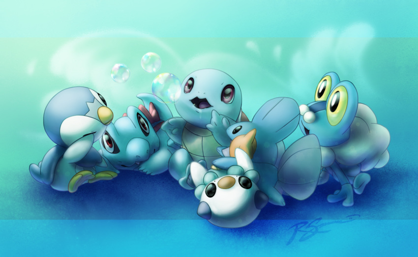 3_fingers 3_toes ambiguous_gender black_eyes blowing_bubbles blue_background blue_body feet feral fingers froakie group ja-punkster lying mudkip multicolored_body nintendo one_eye_closed open_mouth oshawott piplup pok&eacute;mon pok&eacute;mon_(species) red_eyes rubbing_eye signature simple_background squirtle toes tongue totodile two_tone_body video_games