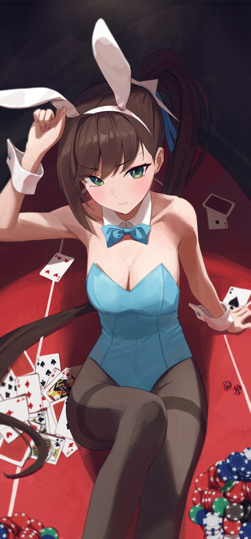 1girl absurdres animal_ears arm_up armpits bare_arms bare_shoulders black_survival blue_leotard bow bowtie breasts brown_hair brown_legwear card cleavage closed_mouth collarbone detached_collar dice eternal_return:_black_survival fake_animal_ears fiora_pellerin frown green_eyes hair_ribbon hairband highleg highleg_leotard highres knee_up leotard long_hair looking_at_viewer medium_breasts minn_(kangjm1107) pantyhose playboy_bunny playing_card ponytail rabbit_ears ribbon sitting solo strapless strapless_leotard thighband_pantyhose v-shaped_eyebrows very_long_hair wrist_cuffs