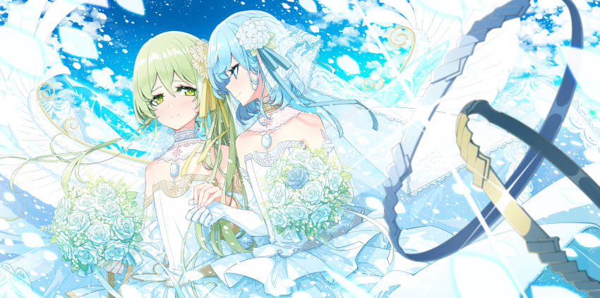 2girls alternate_costume bangs bare_shoulders blue_choker blue_eyes blue_flower blue_hair blue_ribbon blue_rose blue_sky blush bouquet brown_choker choker cirno closed_mouth cloud cloudy_sky collarbone commentary_request cross cross_print daiyousei dress elbow_gloves eyebrows_visible_through_hair fingernails flower gem gloves gradient gradient_sky green_eyes green_hair hair_between_eyes hair_flower hair_ornament hair_ribbon hands_up highres jewelry leaf looking_at_another multiple_girls necklace petals ribbon ring rose sakuraba_yuuki short_hair side_ponytail sky smile sparkle standing touhou wedding_dress wedding_ring white_dress white_flower white_gloves white_ribbon yellow_ribbon yuri