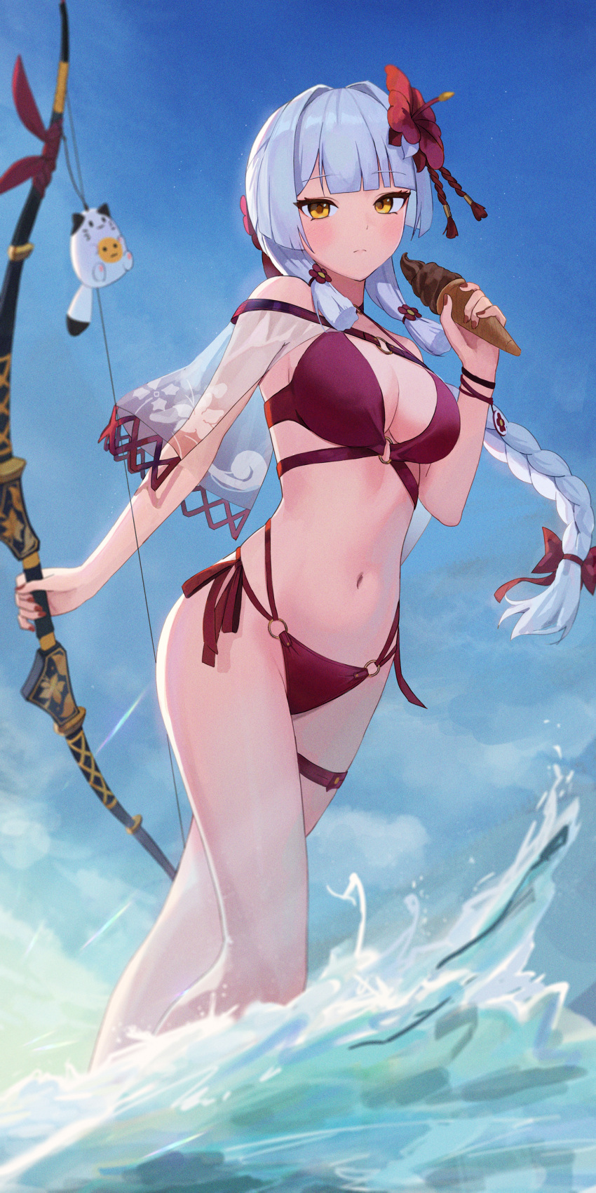 1girl absurdres bikini black_survival bow_(weapon) braid breasts cleavage closed_mouth eternal_return:_black_survival flower food hair_flower hair_ornament hair_ribbon halterneck hibiscus highres holding holding_bow_(weapon) holding_weapon ice_cream long_hair looking_at_viewer medium_breasts minami_rio minn_(kangjm1107) multi-strapped_bikini navel o-ring off_shoulder red_bikini ribbon see-through side-tie_bikini single_braid solo standing stomach string_bikini swimsuit thigh_strap thighs tress_ribbon wading water weapon white_hair yellow_eyes