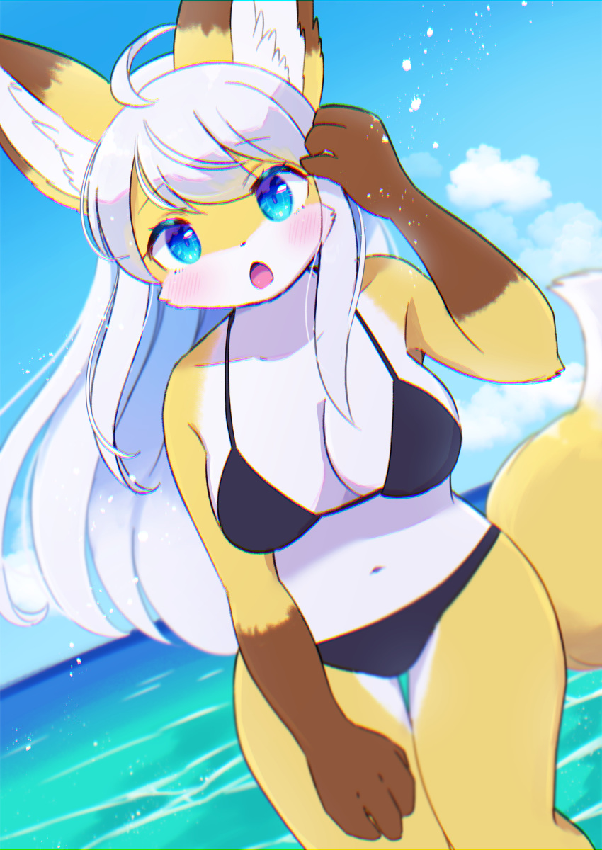 2021 4_fingers absurd_res ahoge anthro bikini blue_eyes breasts brown_body brown_fur canid canine chromatic_aberration cleavage clothed clothing cloud day dipstick_ears dipstick_tail female fingers fox fur gloves_(marking) hair hi_res inner_ear_fluff kemono kemoribbon long_hair looking_at_viewer mammal markings multicolored_body multicolored_ears multicolored_fur multicolored_tail navel open_mouth outside portrait sea sky solo swimwear tail_markings three-quarter_portrait tuft water white_body white_fur white_hair yellow_body yellow_fur