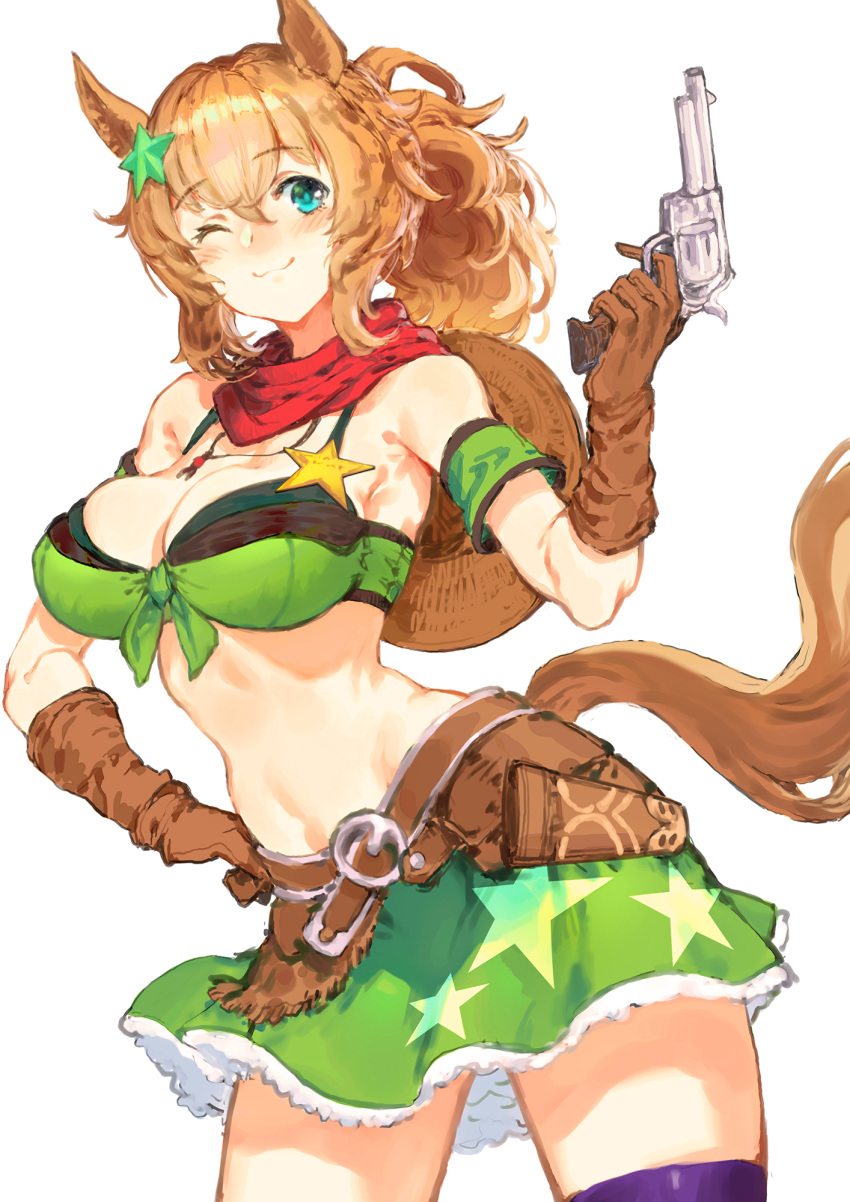 1girl animal_ears arm_garter bandana bandeau bangs belt blush breasts brown_gloves brown_hair cleavage closed_mouth codename47 cowboy_shot gloves green_skirt gun hair_ornament hand_on_hip hand_up highres holding holding_gun holding_weapon horse_ears horse_girl horse_tail jewelry large_breasts looking_at_viewer medium_hair navel necklace one_knee ponytail revolver simple_background skirt smile solo star_(symbol) star_hair_ornament taiki_shuttle_(umamusume) tail thighhighs umamusume weapon white_background