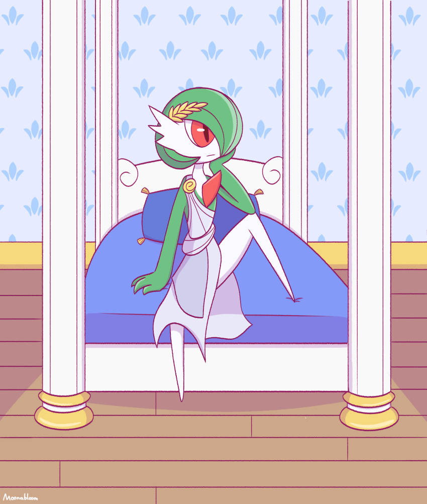 2022 accessory ambiguous_gender ancient_greece anthro bed bedroom clothed clothing digital_drawing_(artwork) digital_media_(artwork) dress furniture gardevoir greek green_body green_hair hair headgear hi_res humanoid moonabloom nintendo not_furry on_bed pillar pillow pok&eacute;mon pok&eacute;mon_(species) red_eyes sitting sitting_on_bed solo video_games white_body