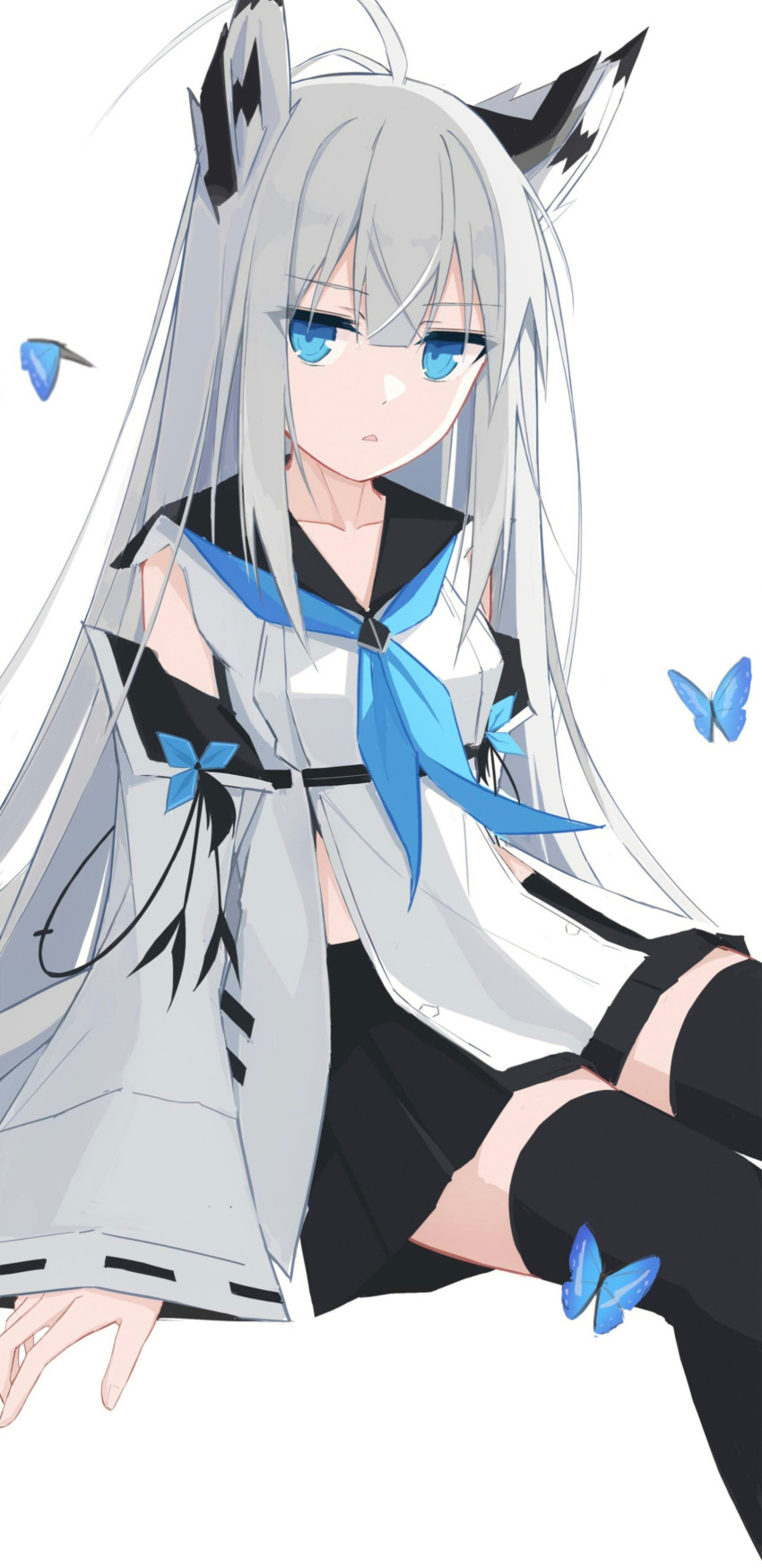 absurdres ahoge animal_ears azur_lane bangs black_skirt blue_eyes blue_neckerchief blue_ribbon bug butterfly collarbone crossed_bangs expressionless eyebrows_visible_through_hair fox_ears fox_girl fox_tail grey_hair highres kawakaze_(azur_lane) long_hair neckerchief nontraditional_miko pleated_skirt ribbon ribbon-trimmed_clothes ribbon-trimmed_sleeves ribbon_trim sailor_collar shasha_(shasha159357) skirt tail thighhighs very_long_hair wide_sleeves zettai_ryouiki