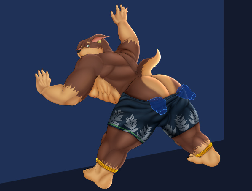 absurd_res against_surface anthro anus butt canid canine canis clothing dobermann domestic_dog hi_res lifewonders male male/male mammal on_glass pants_around_legs pinscher solo submissve swimwear tokyo_afterschool_summoners udkmyid video_games xolotl