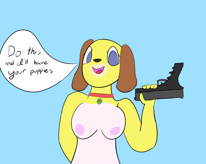 anonymous_artist anthro black_nose blue_background blue_eyes breasts canid canine canis collar collar_only dialogue domestic_dog female floppy_ears fur gun hi_res mammal martha_speaks multicolored_body multicolored_fur nude political_cartoon politics ranged_weapon simple_background solo speech_bubble text weapon yellow_body