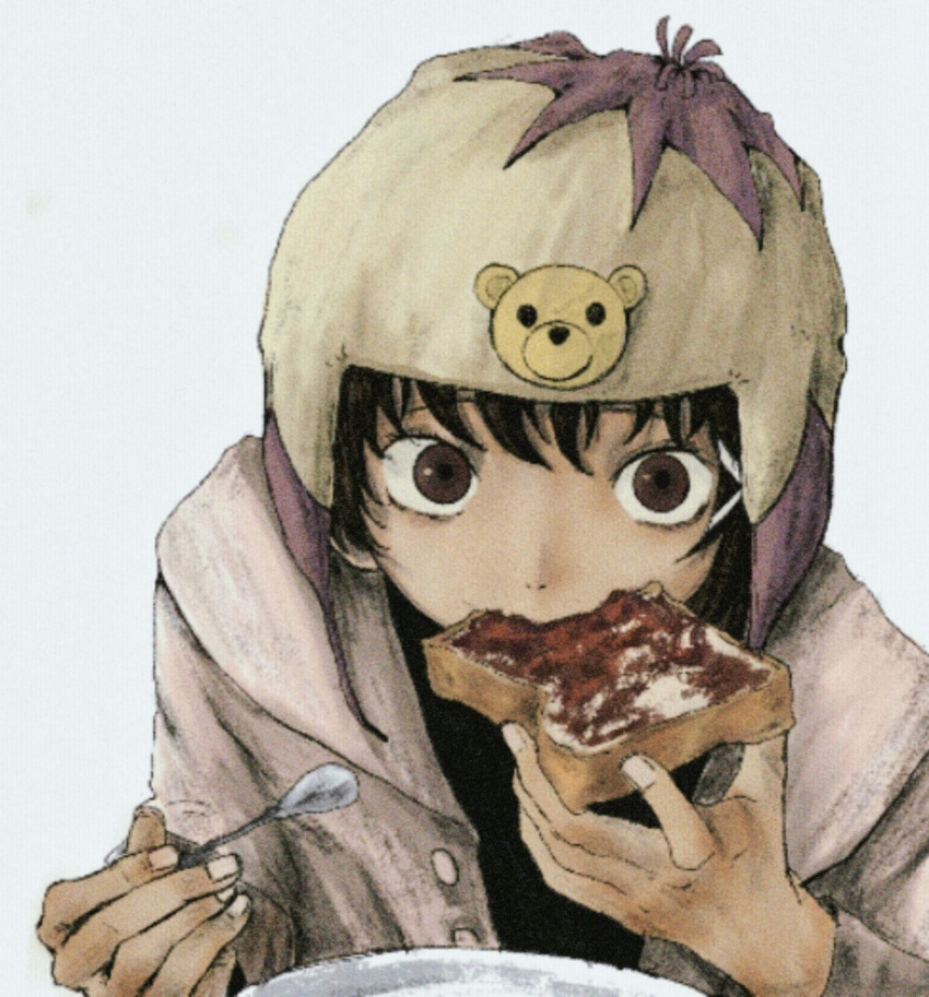 1girl blue_background bread_slice brown_eyes brown_hair brown_headwear buttons fingernails food hat highres holding holding_food holding_spoon hood hood_down hoodie iwakura_lain jacket jam looking_at_viewer open_clothes open_jacket plate ranm12s serial_experiments_lain short_hair simple_background solo spoon toast upper_body