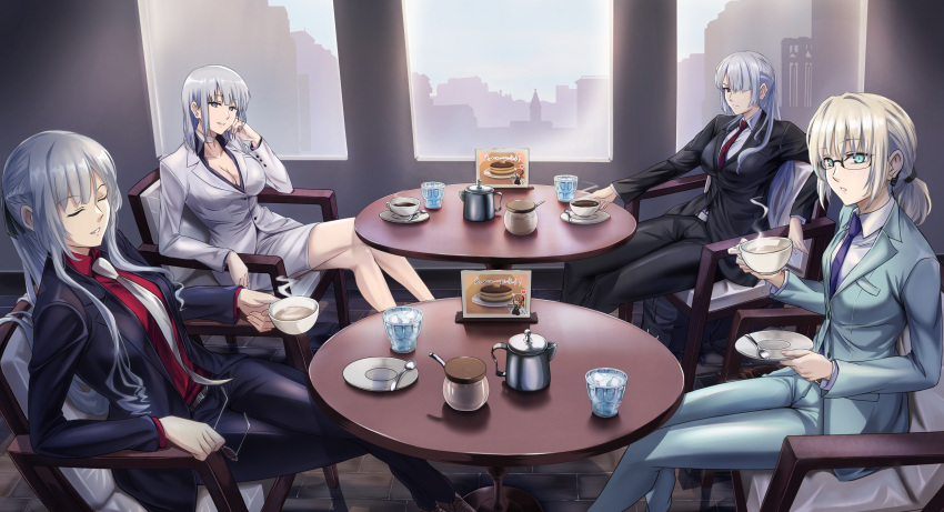 4girls ak-12_(girls'_frontline) ak-15_(girls'_frontline) an-94_(girls'_frontline) aqua_eyes aqua_jacket aqua_pants bandaged_neck bandages bangs black_jacket black_pants blonde_hair braid breasts business_suit cafe chair cleavage closed_eyes closed_mouth coffee_cup coffee_mug collarbone commentary crossed_legs cup defy_(girls'_frontline) disposable_cup earpiece eyebrows_visible_through_hair feet_out_of_frame formal girls'_frontline grey_hair hair_ornament hair_ribbon hairclip hand_on_own_cheek hand_on_own_face highres holding holding_cup holding_eyewear holding_plate holding_saucer jacket large_breasts long_hair looking_at_viewer medium_breasts megane_jigoku menu mug multiple_girls necktie official_alternate_costume open_clothes open_jacket open_mouth open_shirt pants plate purple_eyes purple_necktie purple_shirt red_necktie red_shirt ribbon rpk-16_(girls'_frontline) saucer shirt short_hair sitting skirt smile spoon suit table white_jacket white_necktie white_shirt white_skirt window