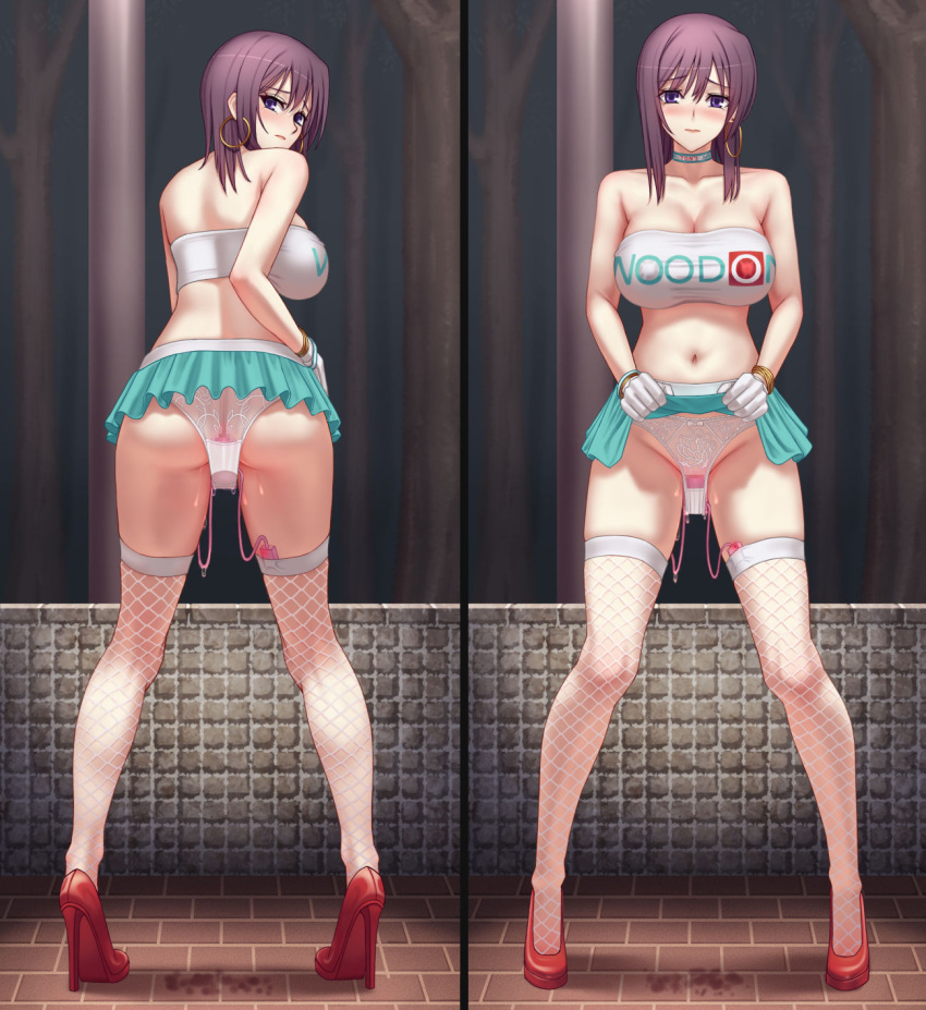 1girl ass blush breasts brown_hair cleavage clothes_lift high_heels highres holding holding_clothes huge_breasts kamegawara_nikuo lace lace-trimmed_legwear lace-trimmed_panties lace_panties lace_trim lifted_by_self looking_at_viewer medium_hair miniskirt original panties purple_eyes red_footwear sex_toy shirt skirt skirt_lift strapless strapless_shirt thighhighs underwear vibrator vibrator_under_clothes vibrator_under_panties white_legwear