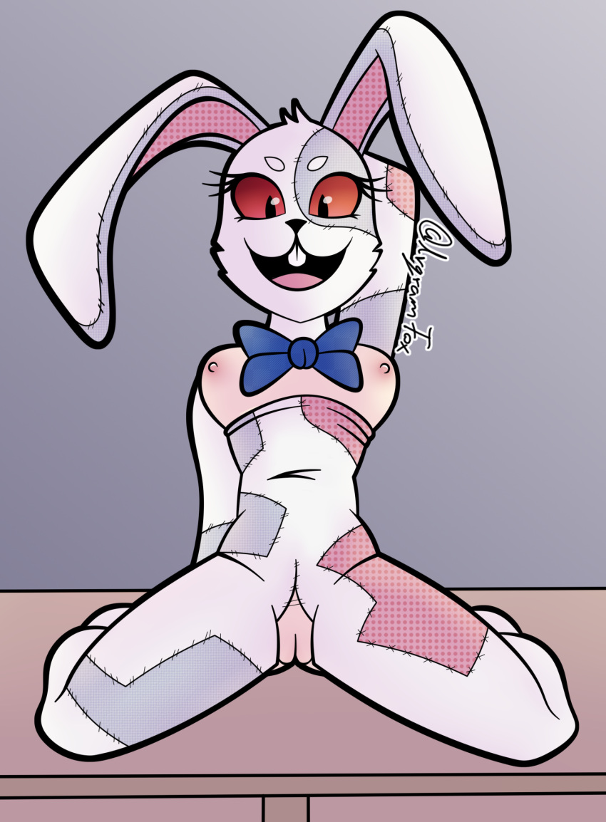 clothed clothing digital_media_(artwork) female five_nights_at_freddy's five_nights_at_freddy's:_security_breach genitals hi_res human humanoid irgramfox lagomorph leporid looking_at_viewer mammal open_mouth pussy rabbit scottgames smile solo teeth vanny_(fnaf) video_games
