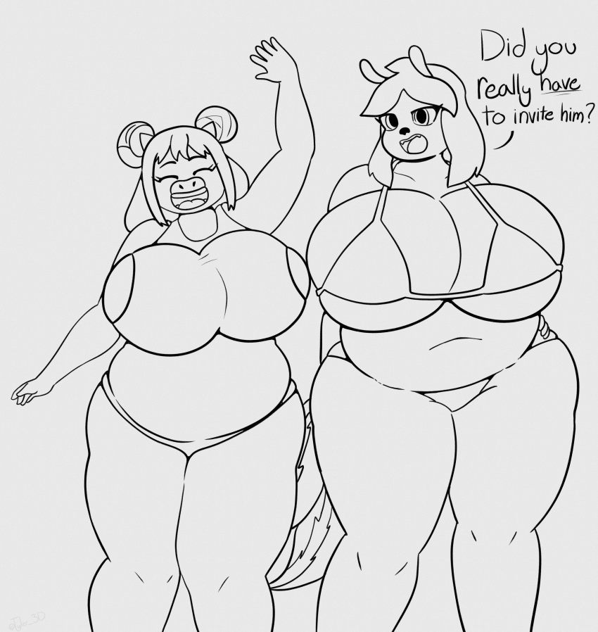 absurd_res alien annoyed anthro big_breasts bikini bovid bovine breasts canid canine canis cattle clothing domestic_dog duo female happy hi_res huge_breasts mammal one-piece_swimsuit overweight smile swimwear text thick_thighs tyler_3d_(artist)