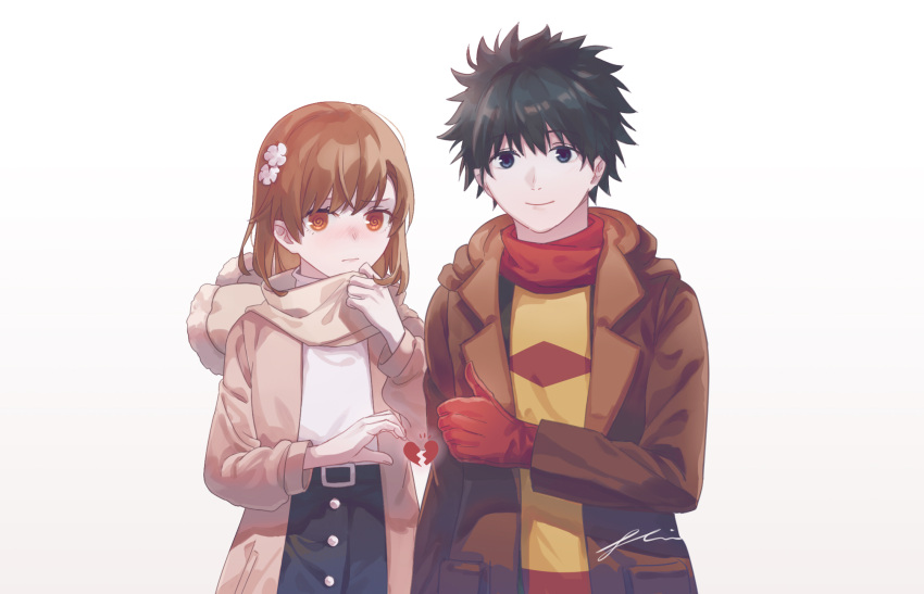 1boy 1girl @_@ adjusting_scarf az_(zero_glvimayhop) black_hair blush broken_heart brown_eyes brown_hair brown_jacket brown_scarf coat flower gloves hair_flower hair_ornament heart_hands_failure hetero highres hood hooded_jacket jacket kamijou_touma looking_at_viewer medium_hair misaka_mikoto red_gloves red_scarf scarf shirt short_hair signature spiked_hair thumbs_up toaru_kagaku_no_railgun toaru_majutsu_no_index white_background yellow_shirt