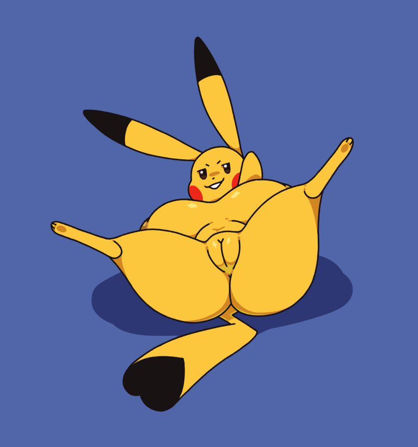 anthro areola big_breasts breasts dipstick_ears dipstick_tail female genitals hi_res huge_breasts looking_at_viewer lying markings multicolored_ears nintendo nsfwoaf nude on_back pikachu pok&eacute;mon pok&eacute;mon_(species) presenting presenting_pussy pussy smile solo spread_legs spreading tail_markings thick_thighs video_games yellow_body