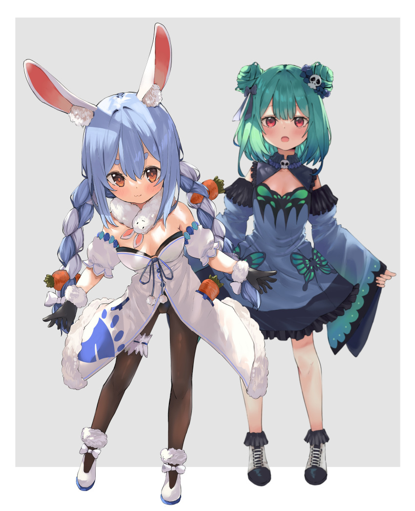 2girls :3 :o absurdres animal_ear_fluff animal_ears bangs bare_legs bare_shoulders black_collar black_gloves blue_dress blue_hair blue_sleeves blush border braid breasts brown_eyes brown_legwear buttons carrot child cleavage closed_mouth coat collar commentary cross-laced_footwear detached_collar detached_sleeves double_bun dress epeulu_(ate5424) eyebrows_behind_hair full_body fur-trimmed_coat fur-trimmed_footwear fur-trimmed_gloves fur_trim gloves green_hair grey_background grey_hair hair_between_eyes hair_ornament highres hololive in_pocket leaning_forward leg_garter legs long_hair looking_at_viewer medium_breasts medium_hair multicolored_hair multiple_girls open_mouth outside_border outstretched_arms pantyhose rabbit_ears red_eyes shoes simple_background skull skull_hair_ornament small_breasts smile standing strapless thick_eyebrows twin_braids two-tone_hair uruha_rushia usada_pekora white_border white_coat white_footwear white_sleeves wide_sleeves