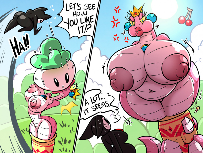 ... anthro areola belly belly_expansion big_breasts breast_expansion breasts butt cherry cobrat cross-popping_vein crown duo ear_piercing ear_ring english_text exclamation_point expansion female food force_feeding forced fruit genitals half-closed_eyes huge_breasts huge_hips huge_thighs hyper hyper_breasts larger_female mario_bros narrowed_eyes navel ninji_(mario) nintendo nipples non-mammal_breasts nude onomatopoeia piercing pink_body pink_nipples plant princess_peach puffed_cheeks pussy question_mark reptile sachasketchy scalie size_difference smaller_female snake sound_effects speech_bubble text thick_thighs thigh_expansion turnip vegetable video_games wide_hips