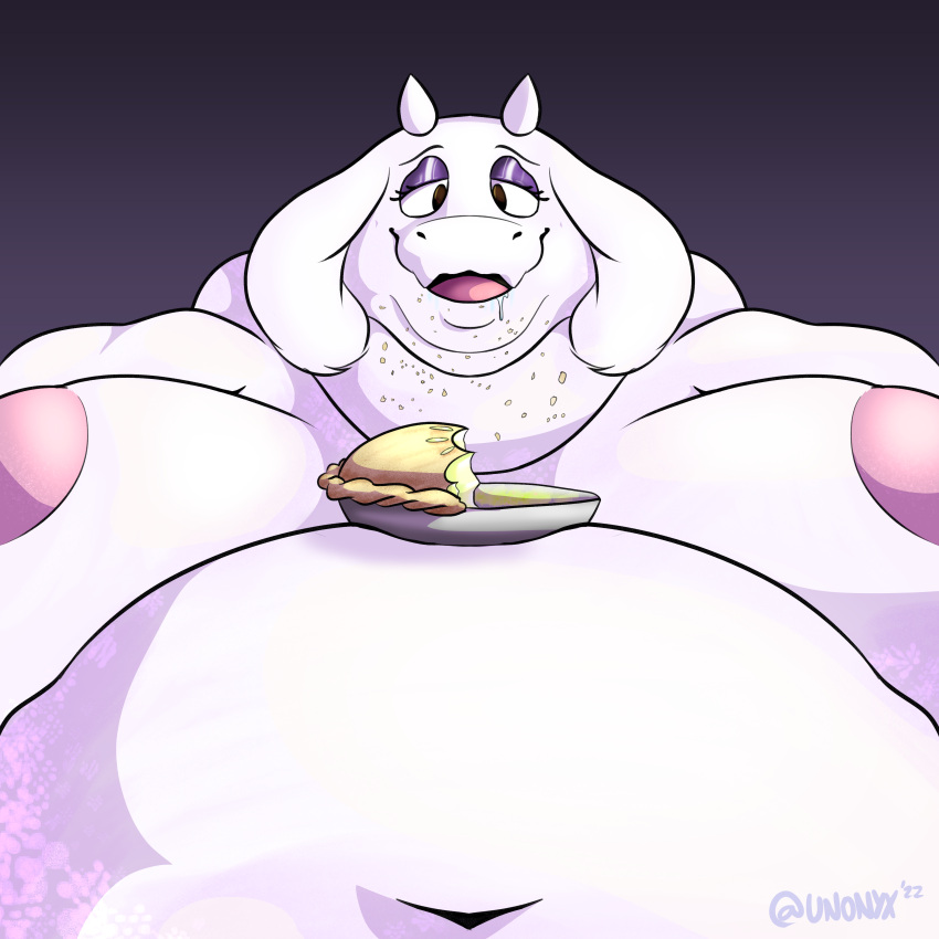 absurd_res anthro big_breasts bodily_fluids bovid breasts caprine drooling eating eating_food female fur goat half-closed_eyes hi_res huge_breasts mammal narrowed_eyes navel nipples obese open_mouth organs overweight saliva slumped solo stomach toriel undertale undertale_(series) unonyx video_games white_body white_fur