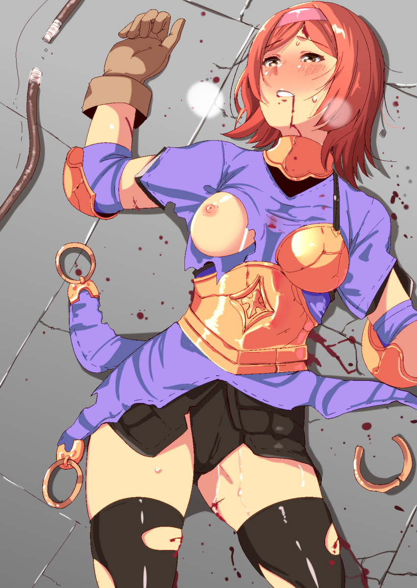 1girl archer_(ragnarok_online) bangs black_panties blood blood_from_mouth blush bow_(weapon) breasts broken_bow brown_eyes brown_gloves chirashi_(so) commentary_request cowboy_shot cracked_floor cuts defeat elbow_pads elbow_sleeve eyebrows_visible_through_hair gloves highres injury looking_to_the_side lying medium_breasts muneate nipples on_back on_floor one_breast_out orange_hair panties parted_bangs purple_shirt ragnarok_online shirt short_hair short_sleeves solo textless thighhighs tile_floor tiles torn_clothes torn_legwear torn_shirt underwear weapon