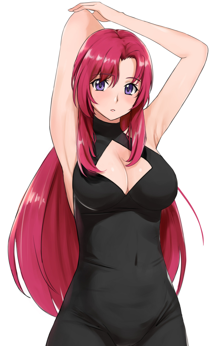 1girl armpits breasts commentary_request covered_navel highres kazami_mizuho large_breasts long_hair looking_at_viewer onegai_teacher parted_lips presenting_armpit purple_eyes red_hair sleeveless sleeveless_turtleneck solo teacher turtleneck yoo_tenchi